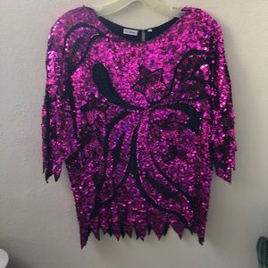 Fuchsia & Blk Sequin night club top. 100% Silk.